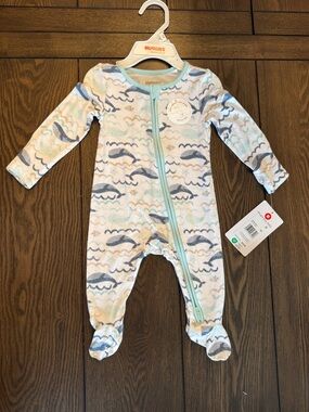Huggies White Onesie with Whale Print Footie with Front Zip